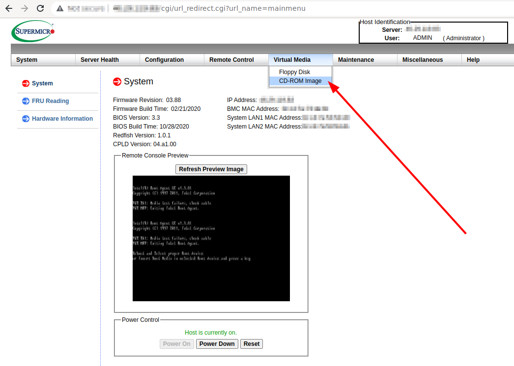 В меню Virtual Media выберите CD-ROM Image.